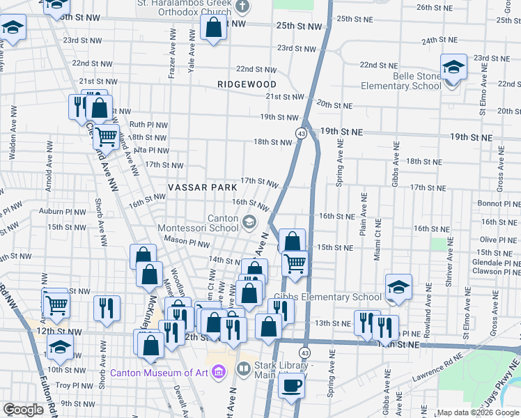 map of restaurants, bars, coffee shops, grocery stores, and more near 120 16th Street Northwest in Canton