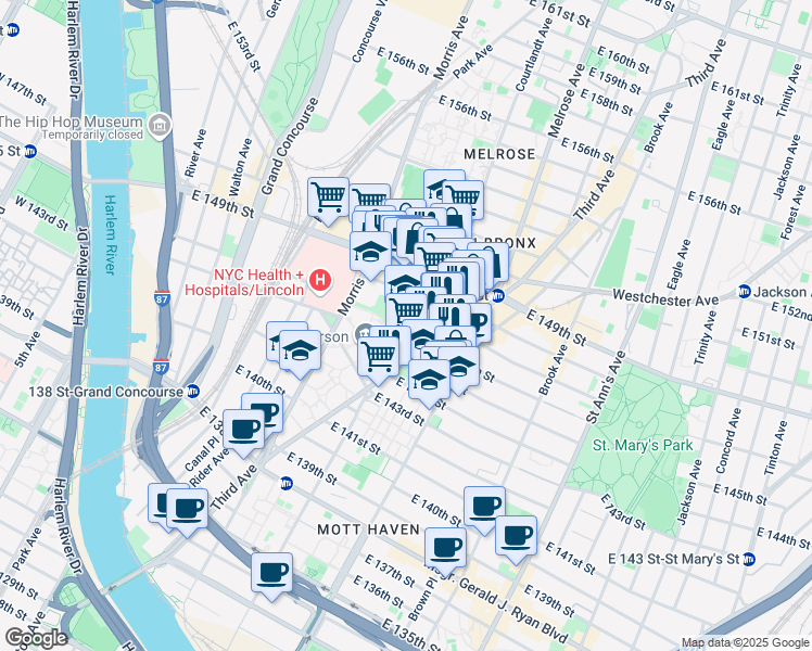 map of restaurants, bars, coffee shops, grocery stores, and more near 327 East 145th Street in The Bronx