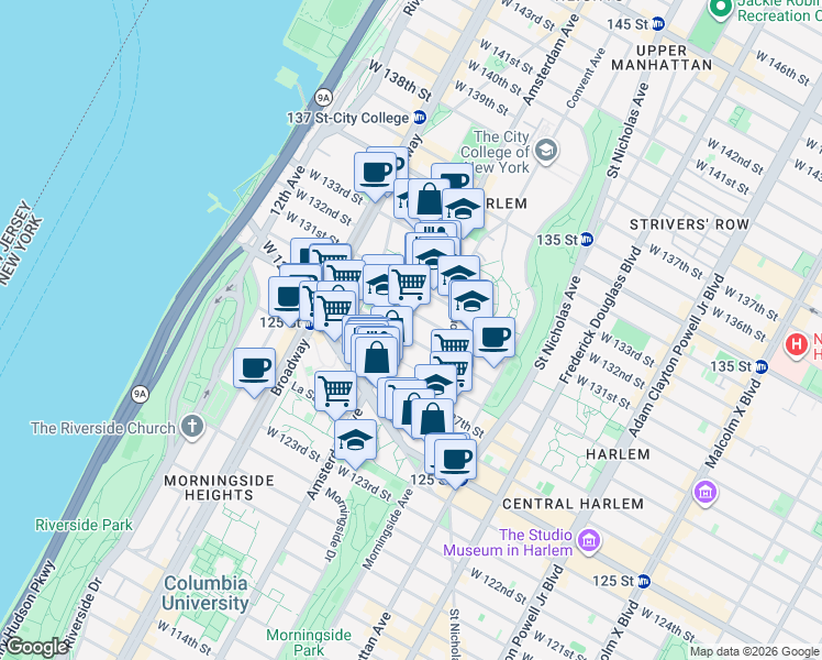 map of restaurants, bars, coffee shops, grocery stores, and more near 1405 Amsterdam Avenue in New York
