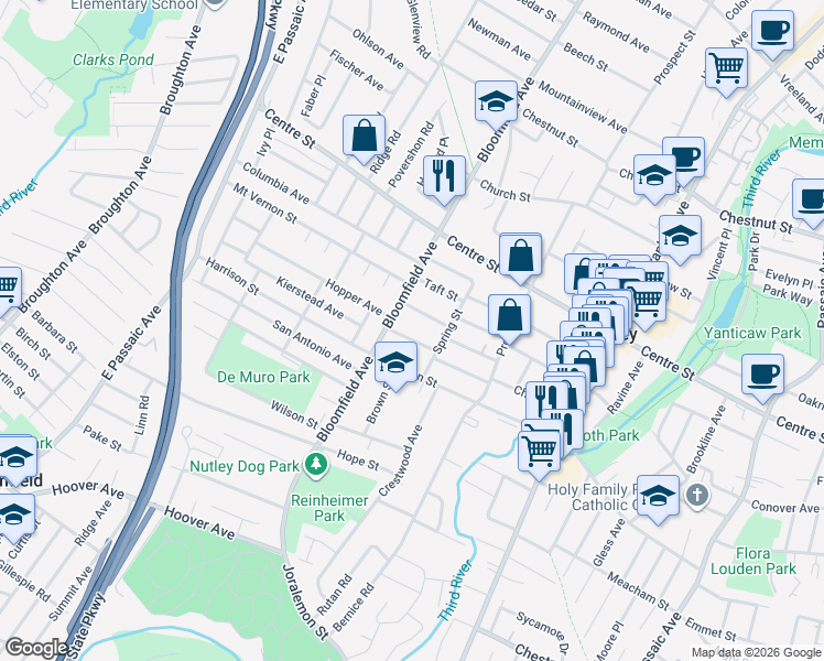 map of restaurants, bars, coffee shops, grocery stores, and more near 26 De Vausney Place in Nutley
