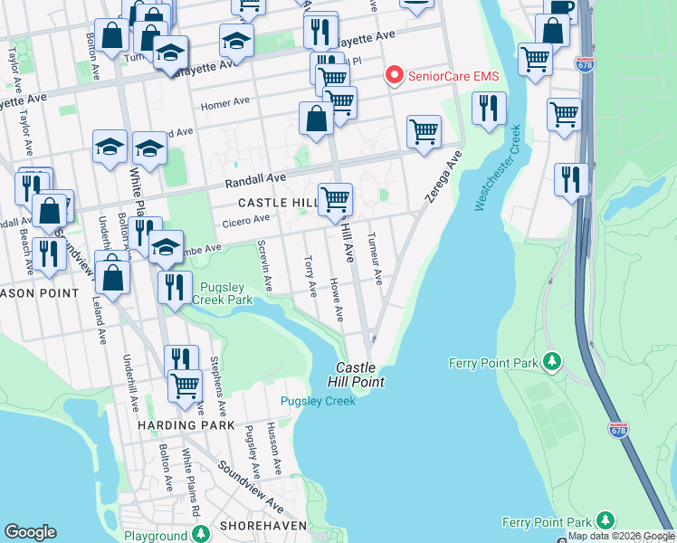 map of restaurants, bars, coffee shops, grocery stores, and more near 406 Howe Avenue in Bronx