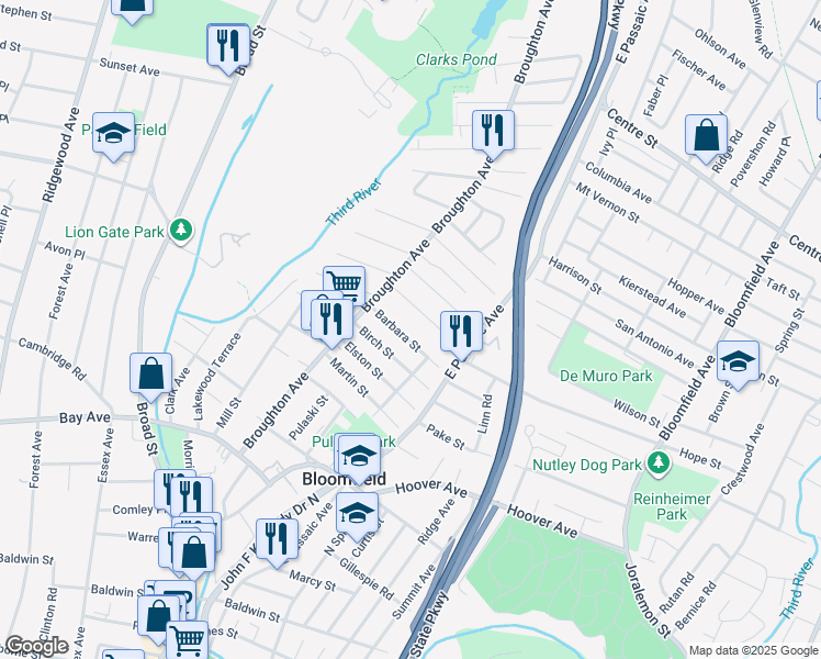 map of restaurants, bars, coffee shops, grocery stores, and more near 36 Barbara Street in Bloomfield