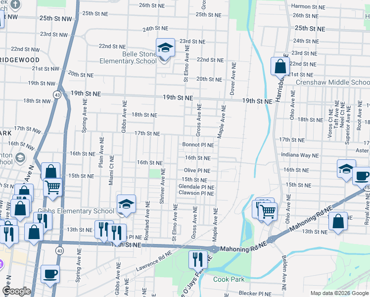 map of restaurants, bars, coffee shops, grocery stores, and more near 1521 16th Street Northeast in Canton