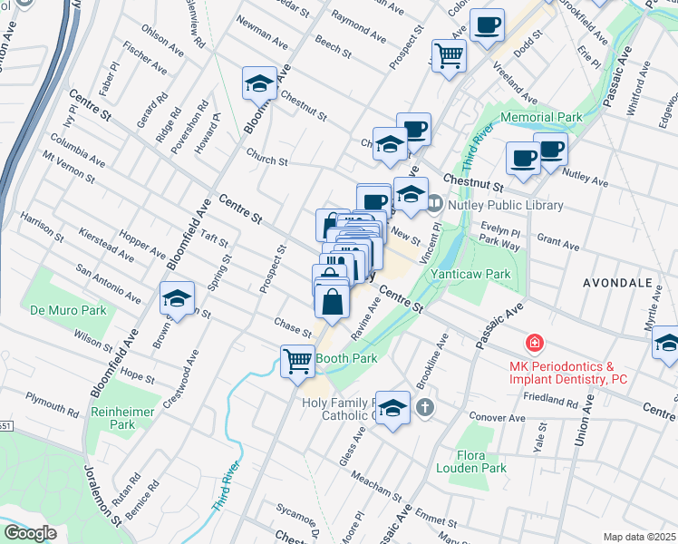 map of restaurants, bars, coffee shops, grocery stores, and more near 397 Centre Street in Nutley