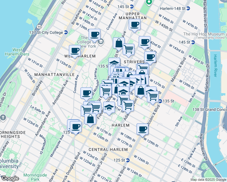 map of restaurants, bars, coffee shops, grocery stores, and more near Frederick Douglass Blvd & W 133rd St in New York