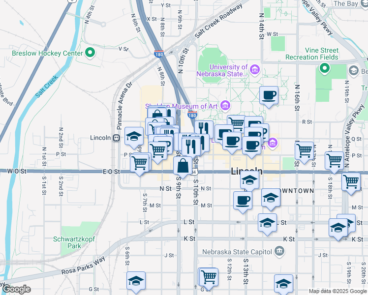 map of restaurants, bars, coffee shops, grocery stores, and more near 926 P Street in Lincoln