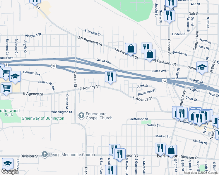 map of restaurants, bars, coffee shops, grocery stores, and more near 1515 East Agency Street in Burlington