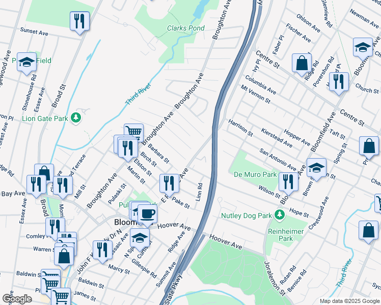 map of restaurants, bars, coffee shops, grocery stores, and more near 104 East Passaic Avenue in Nutley