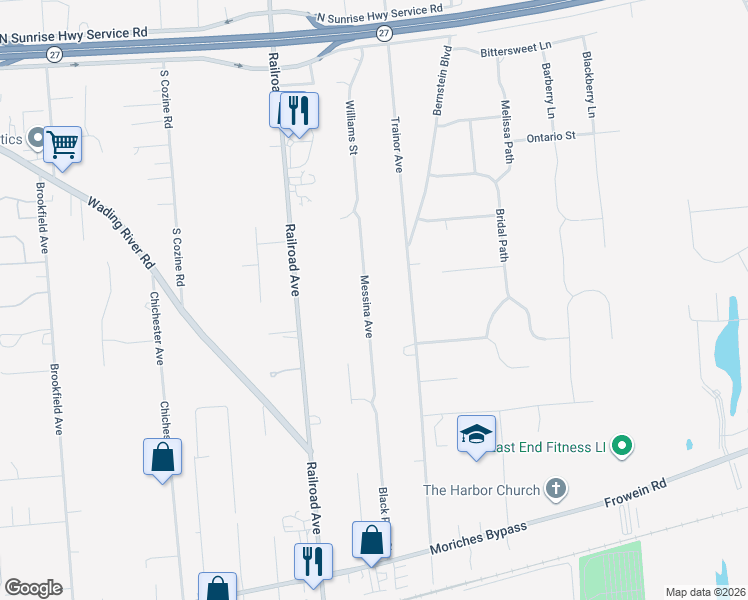 map of restaurants, bars, coffee shops, grocery stores, and more near 15 Messina Avenue in Center Moriches