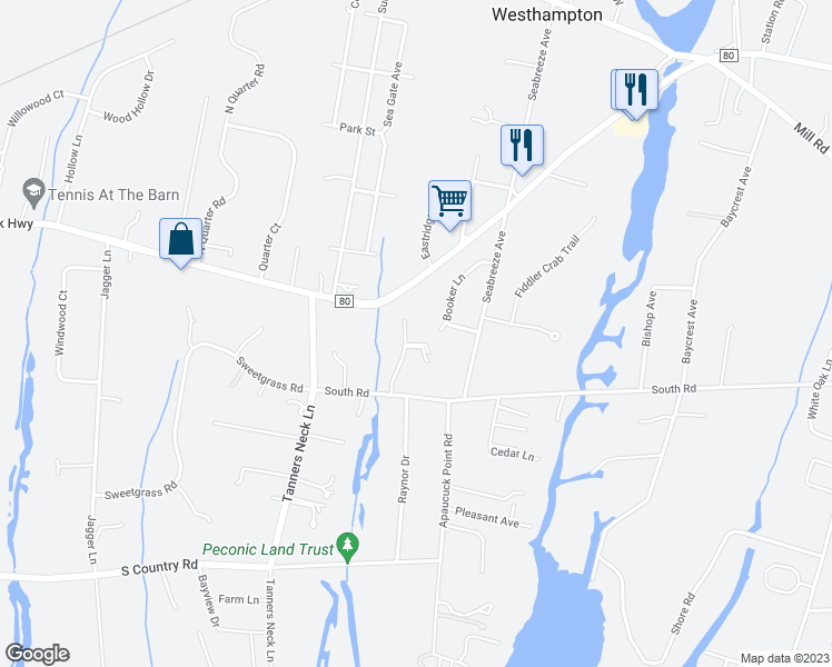 map of restaurants, bars, coffee shops, grocery stores, and more near 8 Country Estates Road in Westhampton