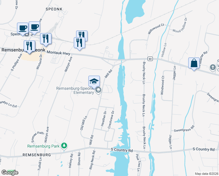 map of restaurants, bars, coffee shops, grocery stores, and more near 20 Mill Road in Calverton