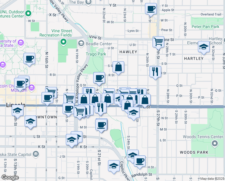map of restaurants, bars, coffee shops, grocery stores, and more near 222 North 22nd Street in Lincoln