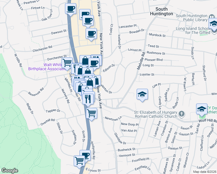 map of restaurants, bars, coffee shops, grocery stores, and more near 15 Horton Drive in Huntington Station