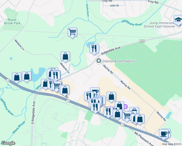 map of restaurants, bars, coffee shops, grocery stores, and more near 9 Candice Way in East Hanover