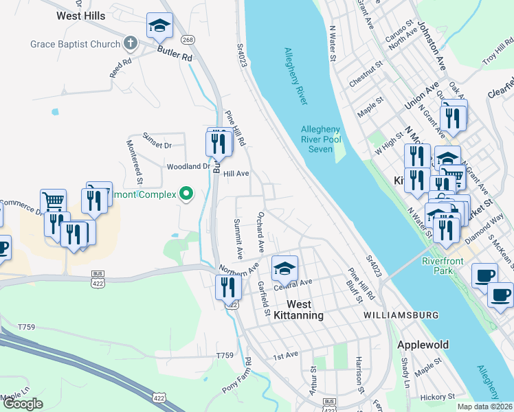 map of restaurants, bars, coffee shops, grocery stores, and more near 149 Pine Hill Road in Kittanning