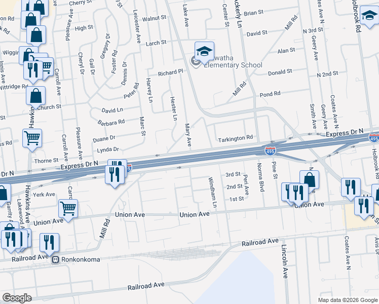 map of restaurants, bars, coffee shops, grocery stores, and more near 5029 Express Drive North in Ronkonkoma