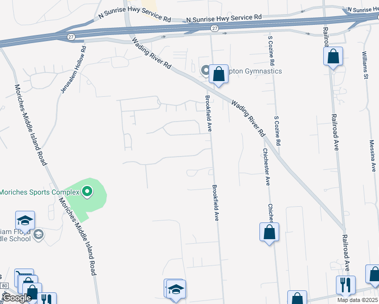 map of restaurants, bars, coffee shops, grocery stores, and more near 4 Bellingham Drive in Center Moriches