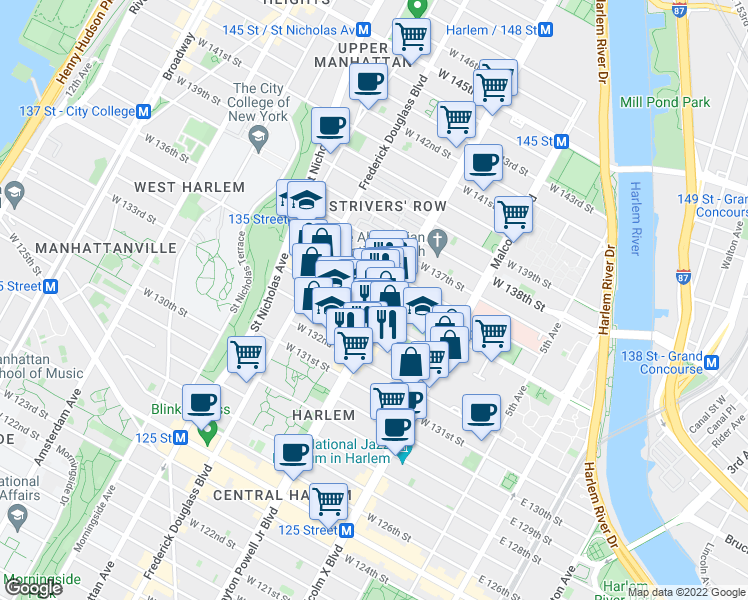 map of restaurants, bars, coffee shops, grocery stores, and more near 200 West 135th Street in New York