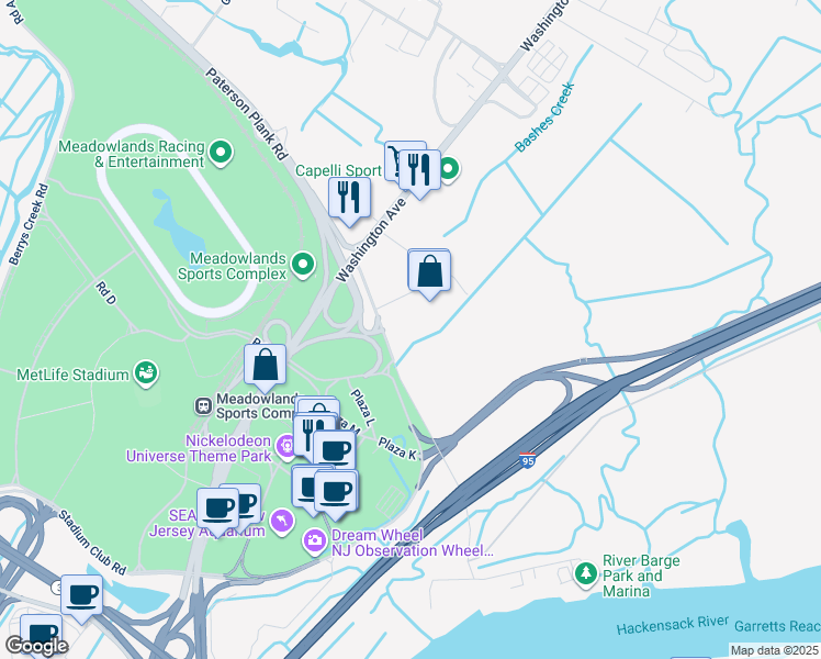 map of restaurants, bars, coffee shops, grocery stores, and more near 245 Paterson Plank Road in Carlstadt