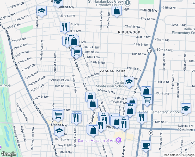 map of restaurants, bars, coffee shops, grocery stores, and more near 1514 Frazer Avenue Northwest in Canton