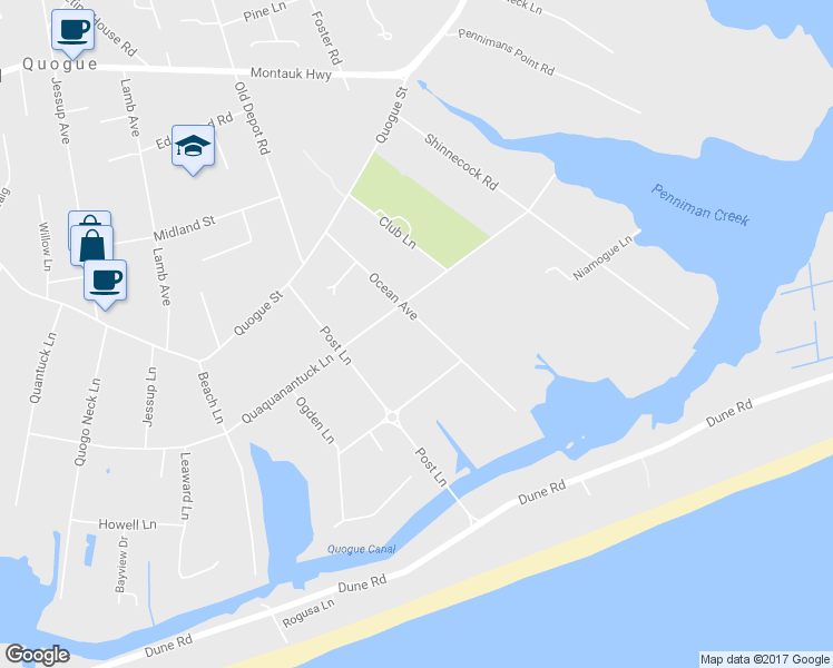map of restaurants, bars, coffee shops, grocery stores, and more near 19 Ocean Avenue in East Quogue