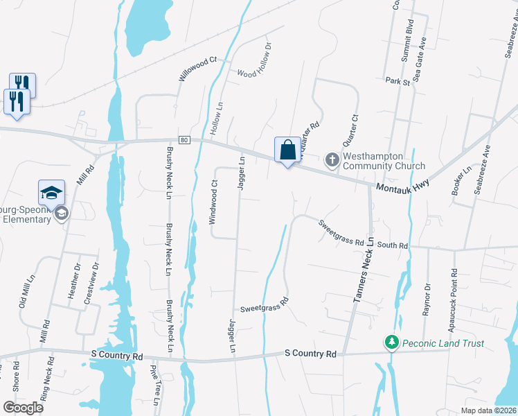 map of restaurants, bars, coffee shops, grocery stores, and more near 74 Jagger Lane in Westhampton