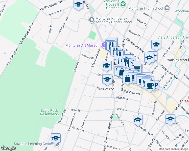 map of restaurants, bars, coffee shops, grocery stores, and more near 38 Hillside Avenue in Montclair