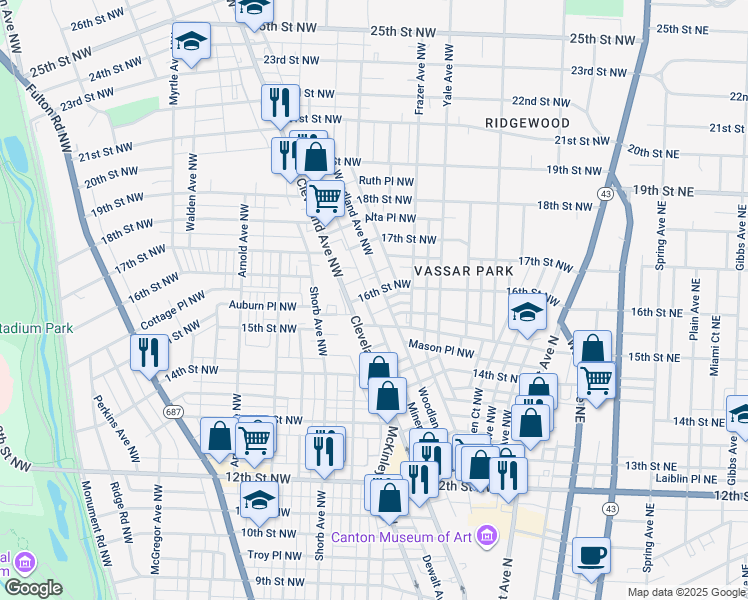 map of restaurants, bars, coffee shops, grocery stores, and more near 1503 Woodland Avenue Northwest in Canton