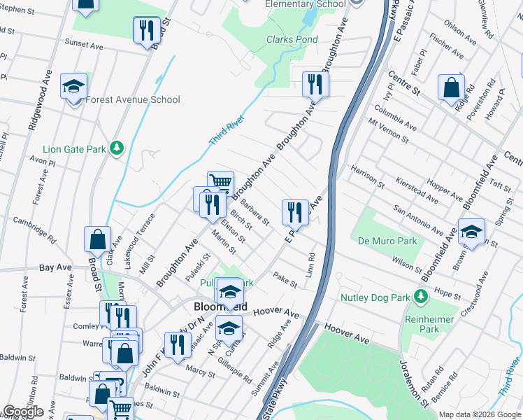 map of restaurants, bars, coffee shops, grocery stores, and more near 36 Barbara Street in Bloomfield