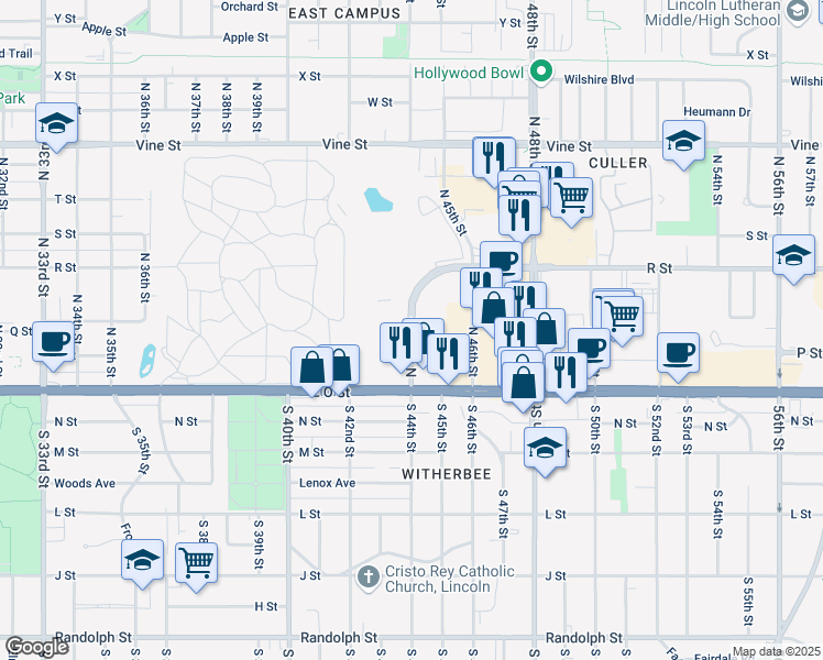 map of restaurants, bars, coffee shops, grocery stores, and more near 301 North 44th Street in Lincoln