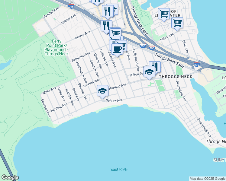 map of restaurants, bars, coffee shops, grocery stores, and more near 2825 Collis Place in Bronx
