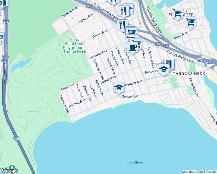 map of restaurants, bars, coffee shops, grocery stores, and more near 224 Huntington Avenue in Bronx