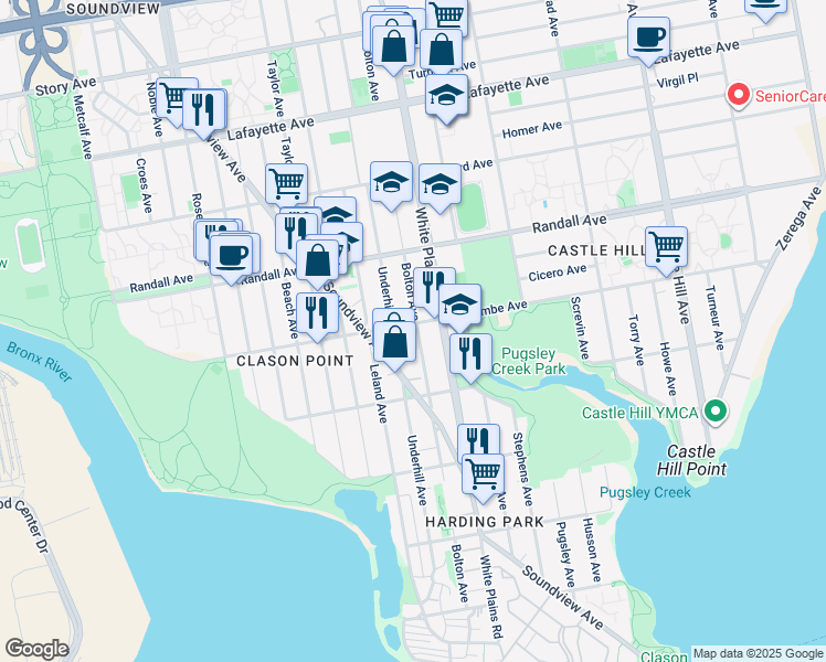 map of restaurants, bars, coffee shops, grocery stores, and more near 456 Underhill Avenue in Bronx