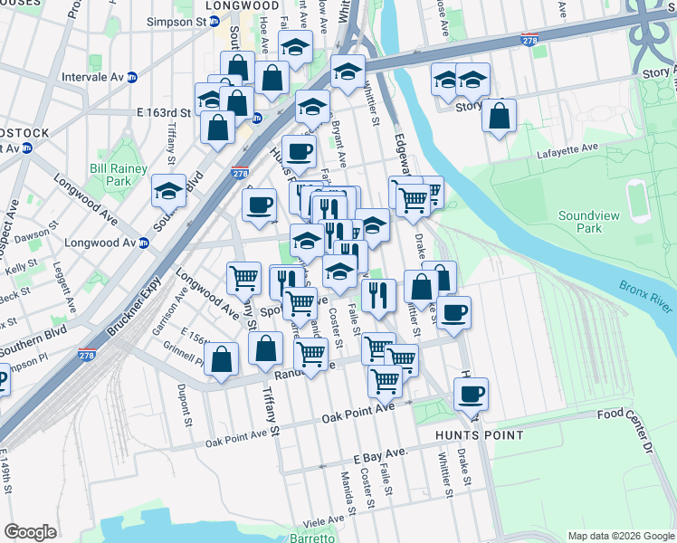 map of restaurants, bars, coffee shops, grocery stores, and more near 711 Faile Street in Bronx