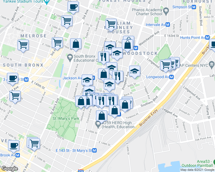 map of restaurants, bars, coffee shops, grocery stores, and more near 633 Wales Avenue in The Bronx
