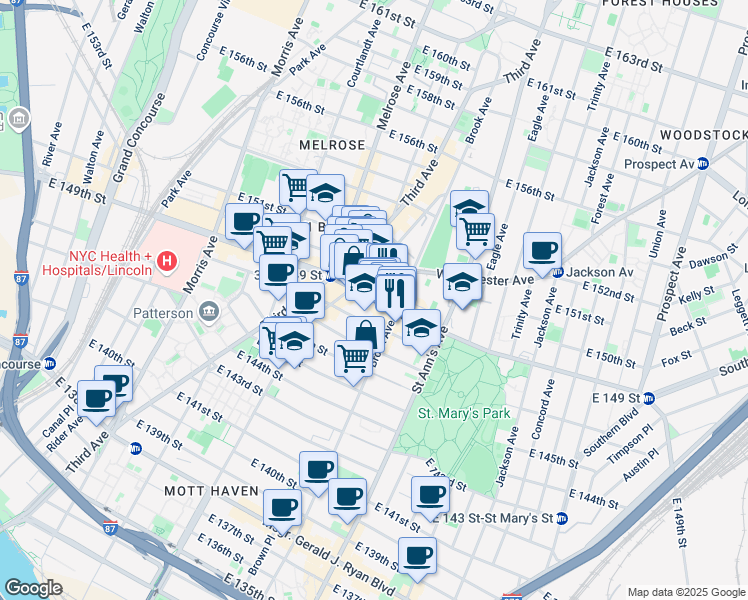map of restaurants, bars, coffee shops, grocery stores, and more near 452 East 149th Street in Bronx