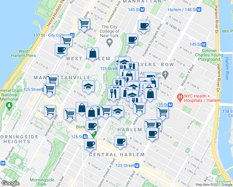 map of restaurants, bars, coffee shops, grocery stores, and more near 446 Saint Nicholas Avenue in New York
