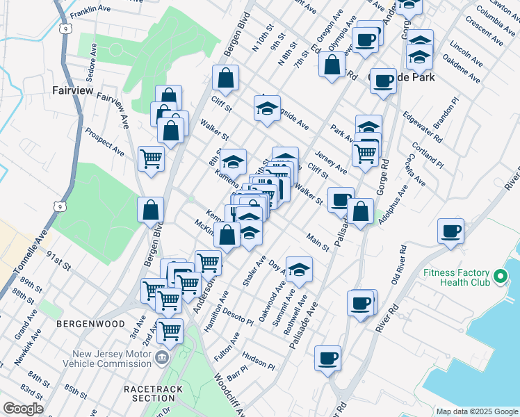 map of restaurants, bars, coffee shops, grocery stores, and more near 201 Anderson Avenue in Fairview