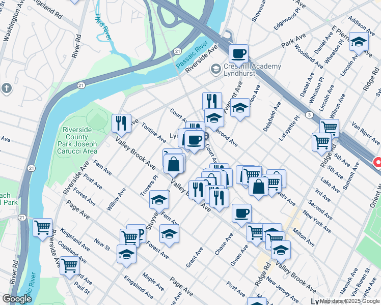 map of restaurants, bars, coffee shops, grocery stores, and more near 250 Stuyvesant Avenue in Lyndhurst