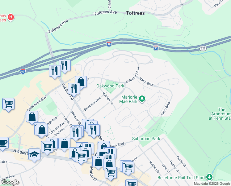 map of restaurants, bars, coffee shops, grocery stores, and more near 129-139 E Clearview Ave in State College