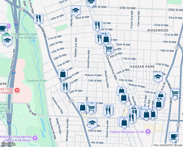 map of restaurants, bars, coffee shops, grocery stores, and more near 1102 Auburn Place Northwest in Canton