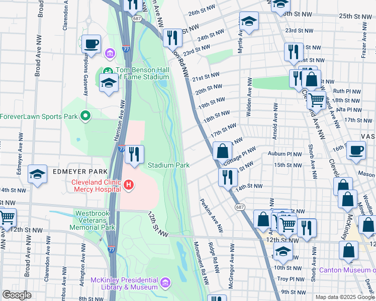 map of restaurants, bars, coffee shops, grocery stores, and more near 1624 Monument Road Northwest in Canton
