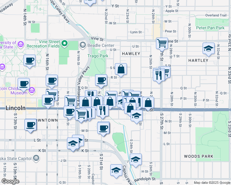 map of restaurants, bars, coffee shops, grocery stores, and more near 2234 P Street in Lincoln