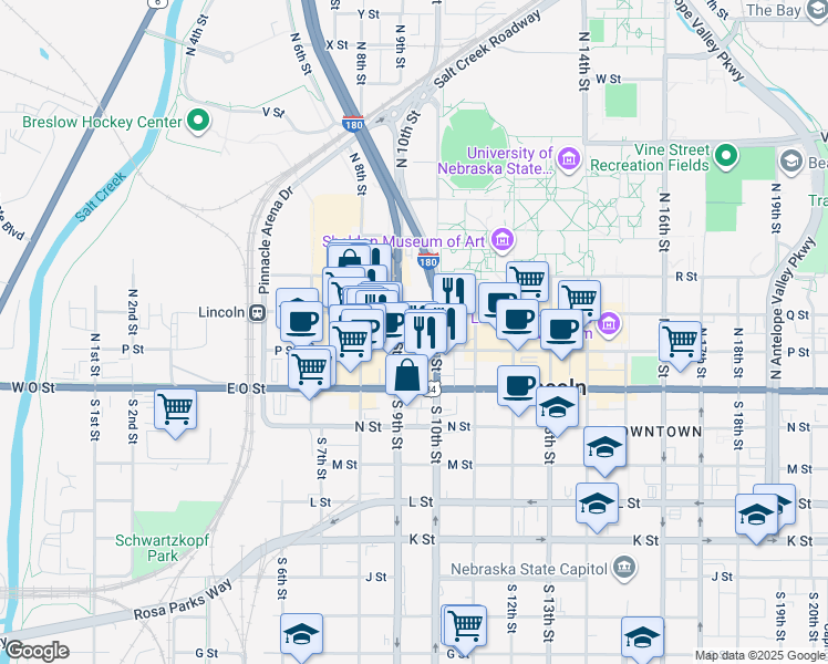 map of restaurants, bars, coffee shops, grocery stores, and more near 926 P Street in Lincoln