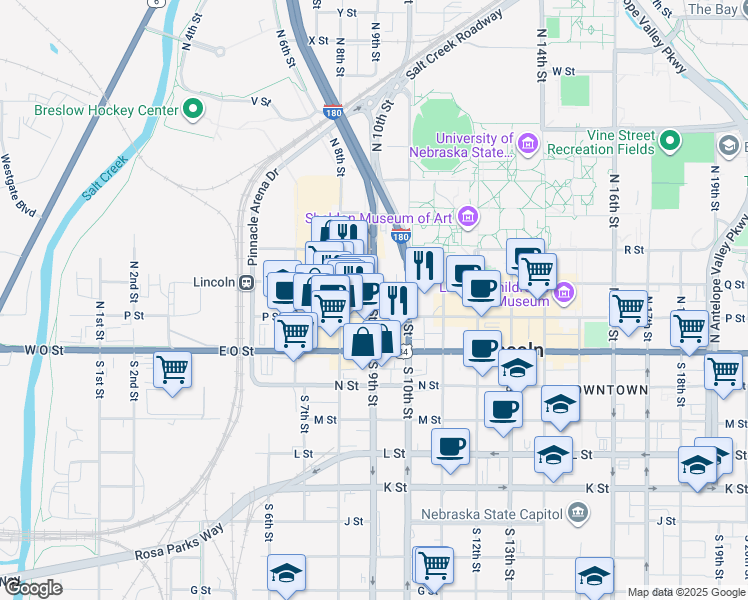 map of restaurants, bars, coffee shops, grocery stores, and more near 926 P Street in Lincoln