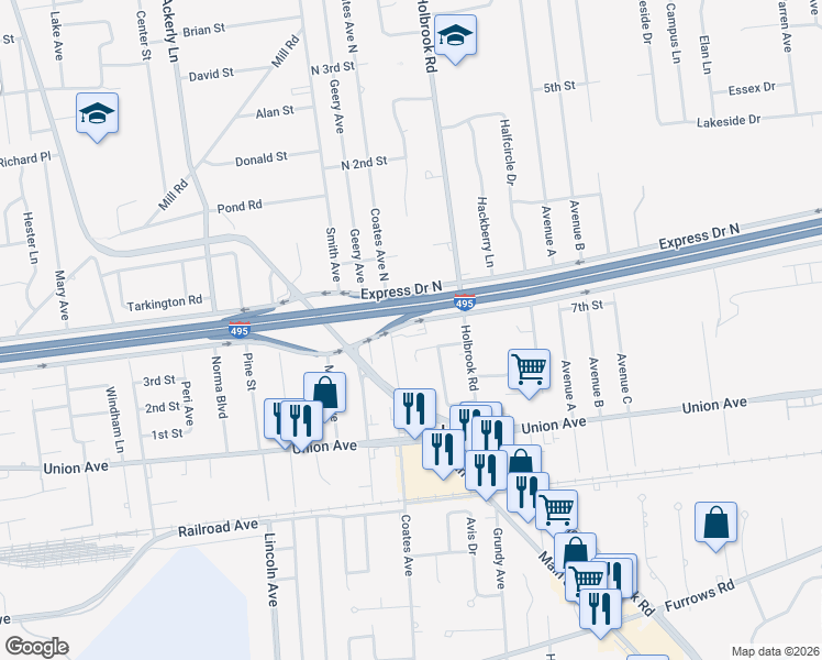map of restaurants, bars, coffee shops, grocery stores, and more near Expressway Drive South in Islandia