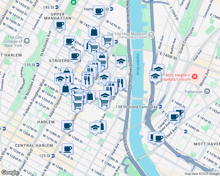 map of restaurants, bars, coffee shops, grocery stores, and more near 2252 5th Avenue in New York
