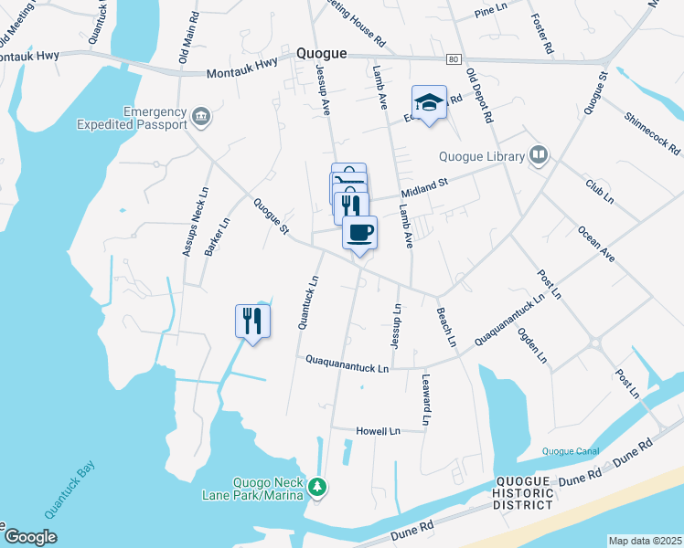 map of restaurants, bars, coffee shops, grocery stores, and more near 6 Quantuck Lane in Quogue