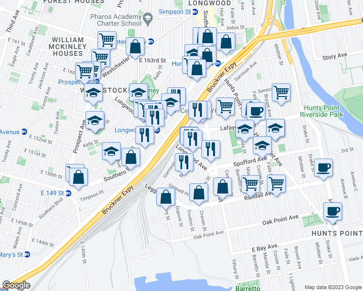 map of restaurants, bars, coffee shops, grocery stores, and more near 1097 Longwood Avenue in Bronx