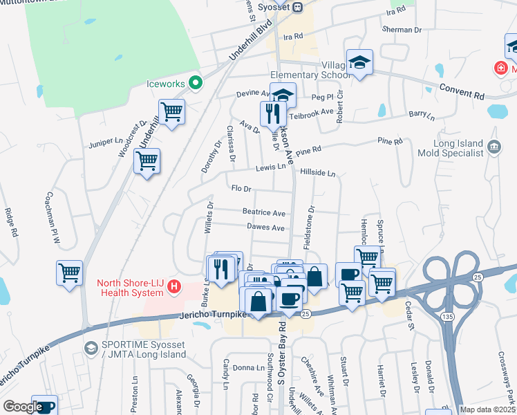 map of restaurants, bars, coffee shops, grocery stores, and more near 66 Humphrey Drive in Syosset